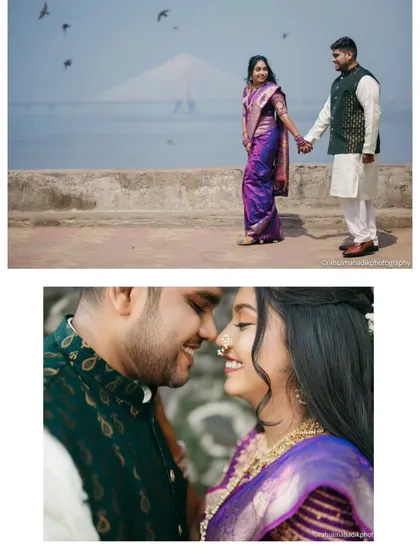 This collage combines a wide shot of the couple walking by the sea with the Mumbai sea link in the distance, and an intimate, smiling close-up. It shows how I capture both the grand scenery and the personal connection.