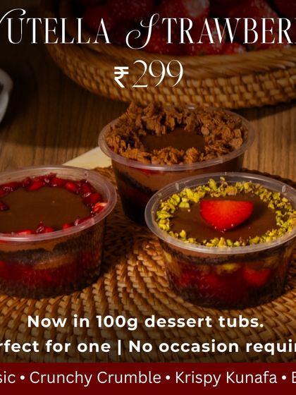Your favorite Nutella Strawberry dessert, now in a 100g tub perfect for one. Choose from our Classic, Crunchy Crumble, Krispy Kunafa, or Boozy variations. No occasion required to treat yourself to this premium eggless dessert.