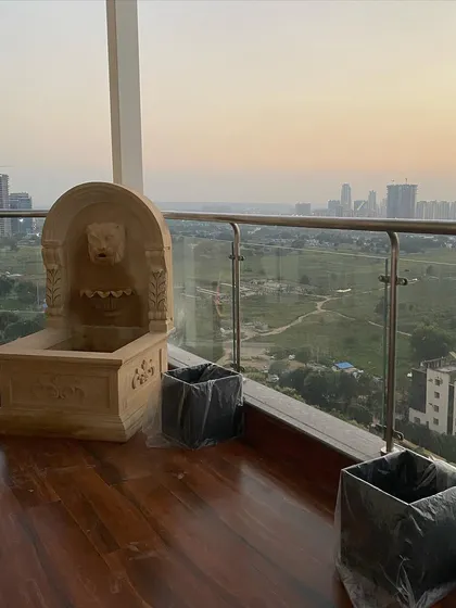 A key element for the Pioneer Araya terrace was this stunning, hand-carved stone water feature. Even before installation, its classic design promised to add a sense of tranquility and old-world charm to the modern high-rise setting.