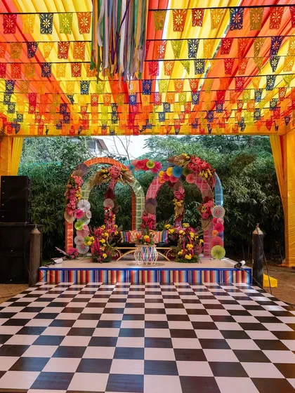 The main stage and dance floor for the carnival, ready for a day of music, dance, and celebration.