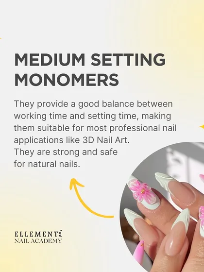 Medium-setting monomers provide a good balance between working time and setting time. This makes them suitable for most professional applications, including 3D nail art.