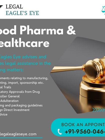 Our firm has immense expertise in Food, Pharma, and Healthcare law. This graphic lists our specific legal services, including assistance with manufacturing agreements, clinical trials, regulatory approvals, and packaging guidelines.