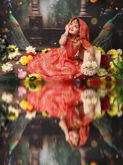 A beautiful portrait of a little girl dressed as Radha, lost in a divine dream. The reflection effect adds a layer of artistry to this image, set against a backdrop of peacocks and flowers.