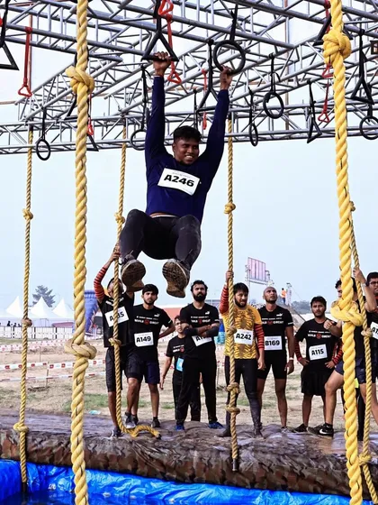 Grip strength can make or break your race. Here I am on the monkey bars at the Devil's Circuit, one of the toughest obstacles that requires upper body and grip endurance. We train specifically for this, using rings, bars, and heavy carries until your hands are ready for anything.