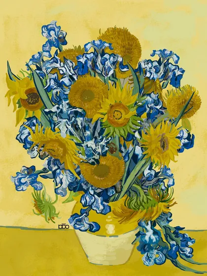 A vibrant bouquet celebrating Nowruz, the Persian New Year. Here, I combine Vincent's iconic sunflowers with blue irises, a symbol of new beginnings and the reconciliation of different beauties to create a harmonious whole.