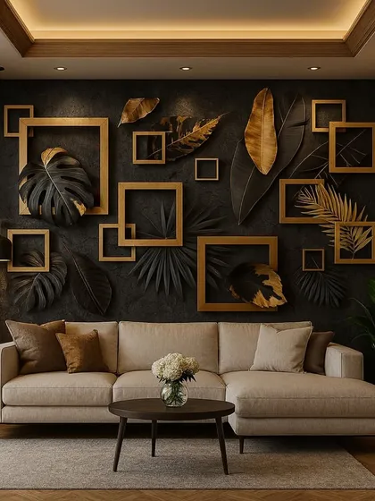 A unique and modern 3D wallpaper design combining geometric frames with tropical leaves. The interplay of black and gold elements creates a sophisticated, gallery-like effect on the wall.
