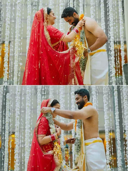 A diptych of the jaimala exchange at a South Indian wedding.