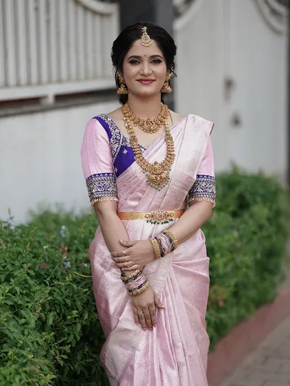 Another full-length shot of Soundarya, showcasing her complete, polished look for the naming ceremony.