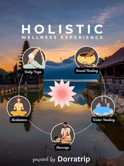 We offer a holistic wellness experience in Bali. This includes daily yoga, sound healing, meditation, water healing, and traditional massages for a complete reset.
