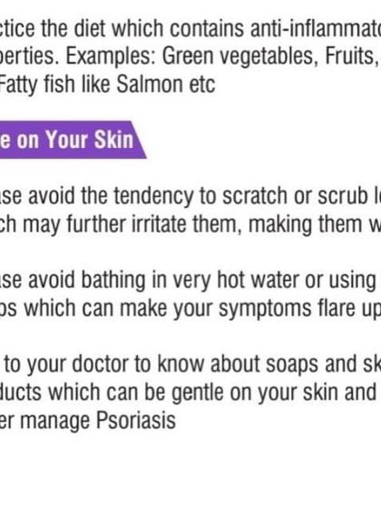 For our psoriasis patients, we emphasize gentle skincare and an anti-inflammatory diet. Simple changes like avoiding hot water and incorporating green vegetables and fatty fish can support your medical treatment and reduce flare-ups.