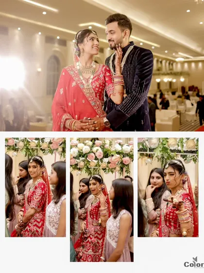 A collage from the reception, combining a beautiful couple portrait with candid shots of the bride and her friends.
