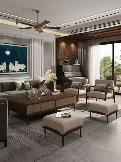 This classical-inspired living room for a residence in Noida features elegant wall paneling and a large, traditional painting as a focal point. The design connects seamlessly to an outdoor terrace, blending timeless interior aesthetics with the beauty of nature.