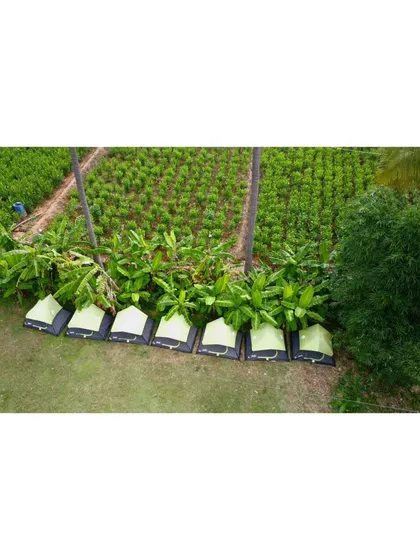An aerial view of our tents set up next to a green field, showing the agricultural beauty of the area.