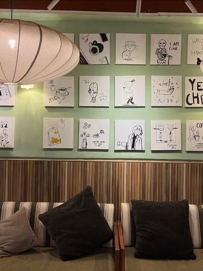 A fun project for Sidewalk in Kanpur. I created a gallery wall with a set of 24 small, quirky, hand-drawn illustrations on 12" x 13" canvases.