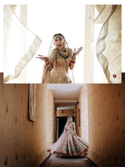 A creative collage showing the bride's joyful and dynamic personality, from a happy candid to a graceful twirl in the hallway.