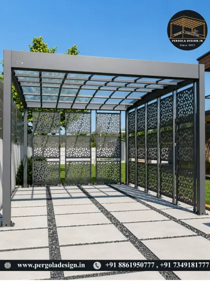 This freestanding carport combines functionality with artistry. The structure features a toughened glass roof that allows for natural light, while the sides are enclosed with decorative laser-cut panels. This design offers both privacy and a unique visual statement for any driveway or garden.