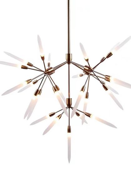A product shot of the starburst or sputnik-style chandelier, showing its sharp, elegant lines.
