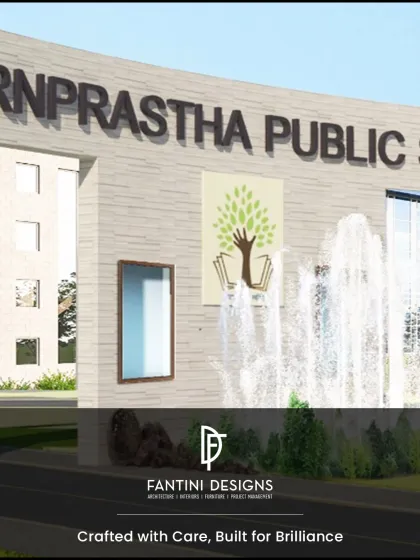 This is the entrance to Swarnprastha Public School, a project where we designed a modern and inspiring campus. The facade combines clean lines, a grand entrance, and a water feature to create a welcoming and impressive atmosphere for students and faculty.