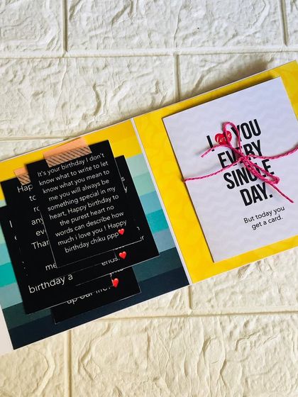 An inside page of a birthday flipbook, with space for personal messages and a small, tied-up card for a secret note.