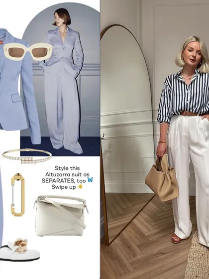 A mood board showcasing the "Old Money" aesthetic. This timeless style focuses on high-quality basics, neutral color palettes, and understated luxury, like this Altuzarra suit styled with classic accessories.