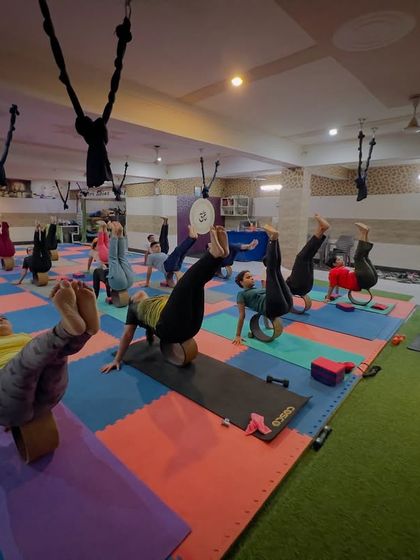 Here, the class is using yoga wheels and blocks for supported inversions. This is a safe way to get the benefits of being upside down, like improved circulation and a calm mind.