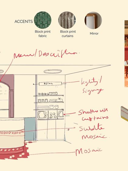 A peek into our minds during the design phase for Mina Creamery. This collage of hand-drawn sketches, notes on materials like mosaic and block-print fabric, and initial renders shows the creative process of developing a spatial identity.