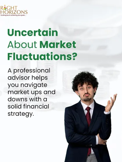 This image addresses investor uncertainty about market fluctuations. It shows a confused professional and explains that a professional advisor helps you navigate market ups and downs with a solid financial strategy.