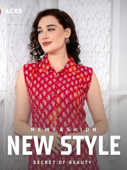 This image features a model in a red printed sleeveless top. The simple styling and clean background ensure the focus is on the garment's design and fit.