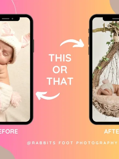 This shows how a simple photo of a sleeping baby can be placed into a creative hanging nest prop through digital editing.