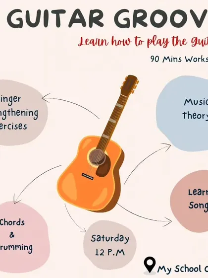 Another version of our "Guitar Groove" workshop poster. This is the perfect starting point for anyone wanting to learn how to play the guitar.