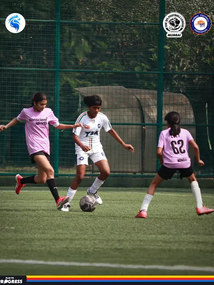 Empowering the next generation of female athletes. Here, players in our U14 Girls' league showcase their skill and teamwork, proving the future of women's football in India is bright.