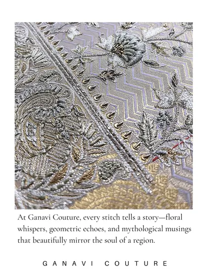 At my couture studio, every stitch tells a story. This close-up reveals the intricate blend of floral whispers, geometric echoes, and mythological musings that define my embroidery work.