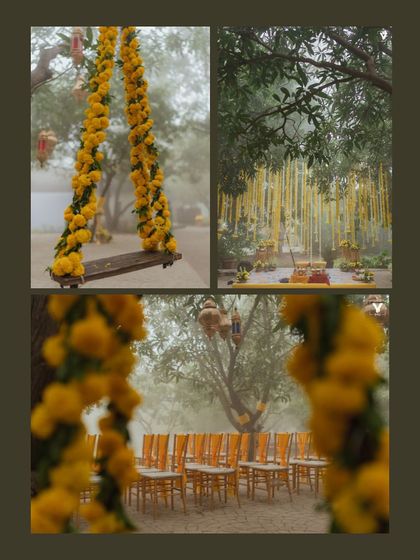 A collage showcasing the different elements of the outdoor Haldi setup, including a floral swing, guest seating, and the main pooja area under the trees.