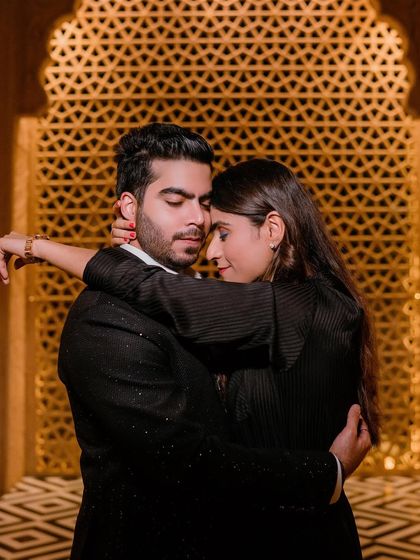 A dramatic evening look from the same pre-wedding shoot. The makeup transitions to a bolder eye with a pop of blue liner to create a stunning night-time effect.