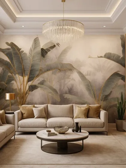 This nature-inspired wallpaper features soft, muted tones of tropical leaves, creating a calm and hazy jungle scene that is perfect for a relaxing living area.