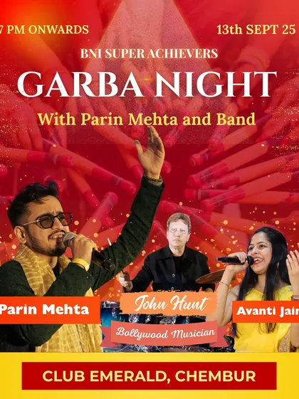 The official poster for the BNI Garba Night, showcasing the lineup of performers. I often collaborate with other talented artists to deliver a diverse and powerful show.