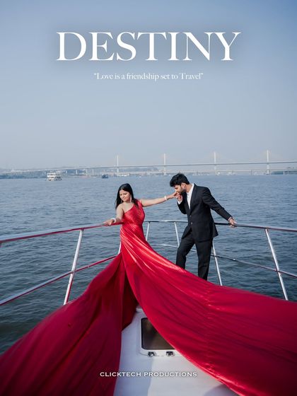 A cinematic shot of a couple on a yacht, framed as a movie poster with the word 'Destiny', capturing a romantic and stylish pre-wedding moment.