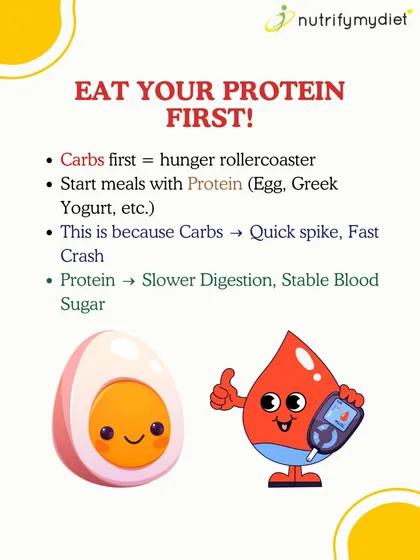 The Protein-First Rule. To avoid a blood sugar rollercoaster, start your meals with protein. Eating protein before carbs leads to slower digestion and more stable energy levels.