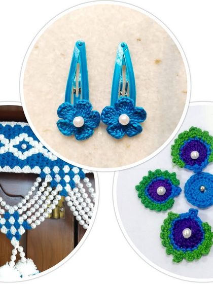 A Navratri collage for the color Royal Blue, featuring a beautiful beaded toran, peacock motifs, and cute flower hair clips.