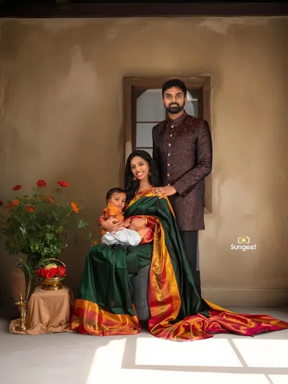 A beautiful family portrait, capturing the parents with their first child and the new baby. This is part of our "Bump to Baby" package.