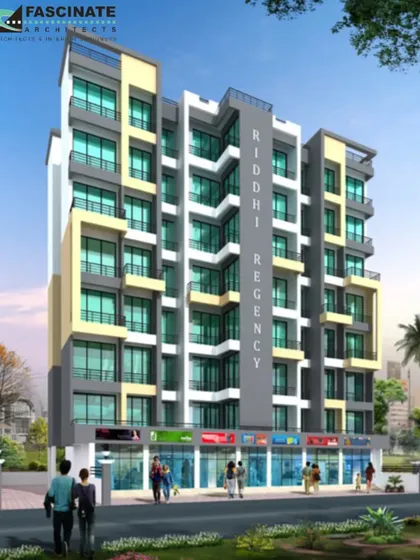 This is the 3D render for "Riddhi Regency," a completed residential building in Kamothe, Navi Mumbai. The facade design uses a playful composition of color and form to create a vibrant and modern apartment block with 42 flats and 4 shops.