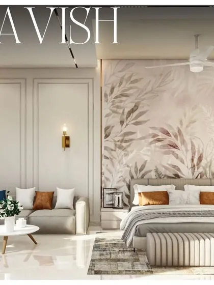 This bedroom design combines a sitting area with the sleeping space, unified by a neutral color palette and polished marble floors. The accent wall behind the bed features a soft, painted mural, adding an artistic and lavish touch.