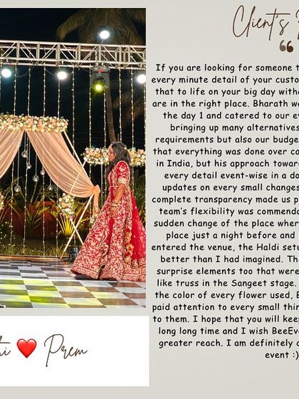 This client review highlights our professionalism and flexibility. We worked closely with this couple, who were not residing in India, to bring their vision to life, even accommodating a last-minute venue change for their Haldi ceremony seamlessly.