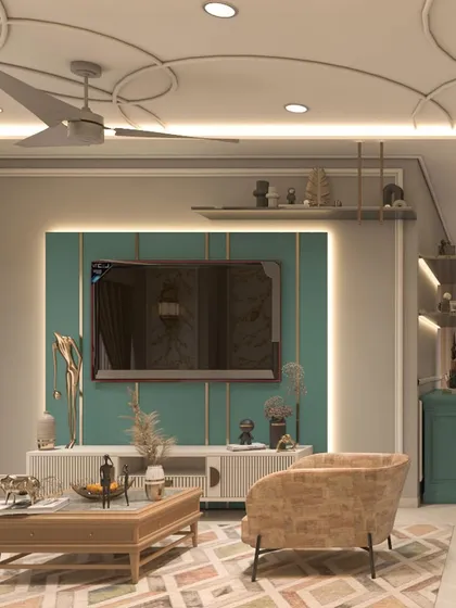 A 3D render for an upcoming project in Ghatkopar. This colorful living room is inspired by the clients' love for tropical vibes, with a special emphasis on layered lighting for hosting.