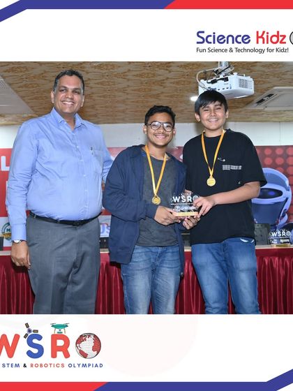 The 1st Runner Up team in the Young Scientist category at the WSRO Pune Qualifiers receiving their medals and trophy. Their project demonstrated a creative and practical application of technology.
