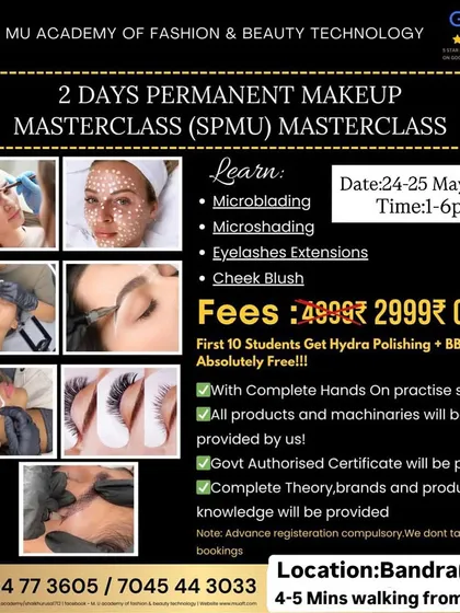 Here are all the details in one place. My 2-day masterclass covers microblading, microshading, eyelash extensions, and cheek blush for an affordable fee. Plus, there's a free bonus for the first 10 students.