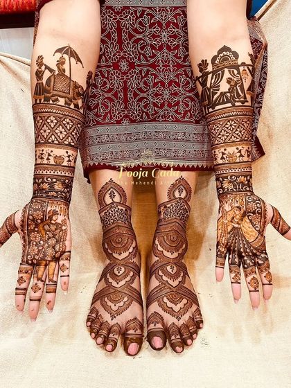 A full bridal mehendi set featuring Warli art and traditional wedding scenes on the hands, with elegant, matching patterns on the feet.
