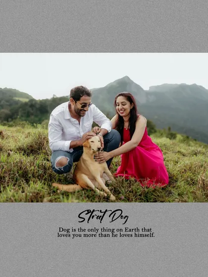 Including a beloved pet in a pre-wedding shoot adds a personal and heartwarming touch. This couple shares a sweet moment with their dog in the hills.