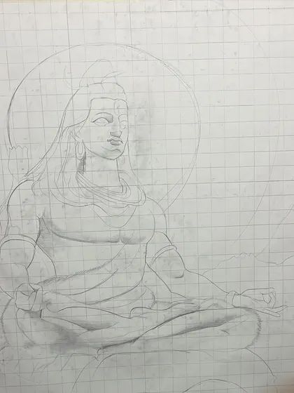 The initial grid sketch for the large cosmic Shiva painting. This is the essential first step for such a big and detailed piece.