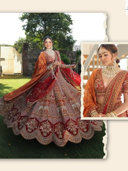 A collage showing the full view and a close-up of our royal bridal lehenga. You can see the detailed handwork on the blouse and the magnificent flare of the skirt.
